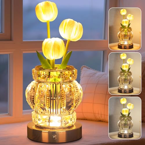Tulip Table Lamp, Rechargeable Cordless Touch Dimming Artificial Tulip Flower Desk Lamp, LED Crystal Lamp Flower Bedside Night Light, Romantic Gifts for Girl Women Mom (White - Tulip) - color: White - Tulip