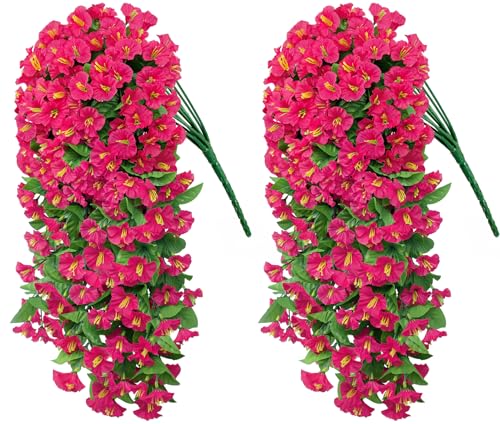 Artificial Hanging Flowers for Outdoors, 2 Pack UV Resistant Fake Flowers Rose Red Silk Morning Glory Faux Petunias Hanging Artificial Plants Trailing Vines for Home Porch Garden Planter Decor - color: Rose Red