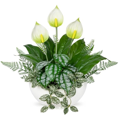 Fake Plants 14.2" Artificial Potted Plant Assorted Faux Plants in Pot Silk Plants Artificial Plants Indoor for Home Living Room Bedroom Bathroom Office Desk Table Centerpieces Shelf Greenery Decor - color: White Pot #3