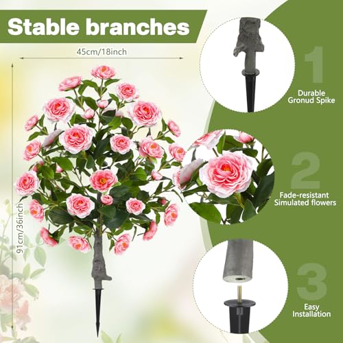 Lunmon 2 Pack 3ft Artificial Camellia Plants Tree 36" Faux Camellia Flower with Spike UV Resistant Realistic Fake Floral Blooming Bush for Indoor Outdoor Front Door Porch Backyard Garden, Pink - color: Pink, size: 3 ft