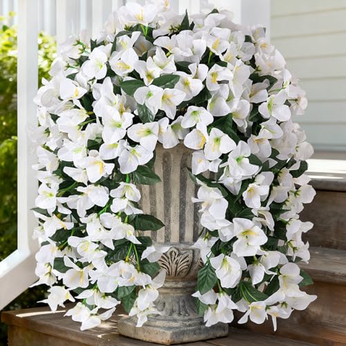 INXUGAO 2 pcs Artificial Faux Bougainvillea Flowers Plants for Outdoor Outside Summer Decoration, Fake Silk UV Resistant Long Trailing Vines for Front Door Porch Planter Balcony (White) - color: White