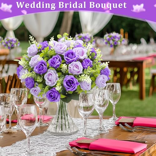 TURNMEON 40 Heads Fake Roses Artificial Flowers for Outdoors, 4 Bouquets UV Resistant Fake Flower Bouquet Faux Silk Roses for Wedding Birthday Party Home Mother's Day Cemetery Summer Decor(Purple) - color: Purple