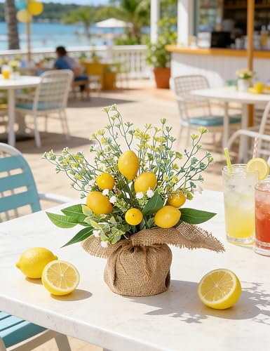 Lemon Decor, 1 Pcs Farmhouse Rustic Lemon Kitchen Decor, Summer Centerpieces for Tables, Fake Artificial Lemons Flowers in Burlap Bag Vase, Brighten Your Home Indoor Outdoor Home Decorations - style: Lemon Decor (1 Pcs)
