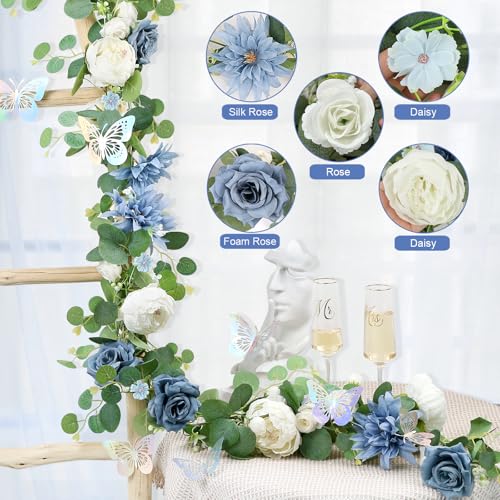 Eucalyptus Garland with Flowers - 2 Pack 5.9 FT Artificial Flower Garland with Butterflies Faux Rose Greenery Garlands for Backdrop Wedding Arch Centerpieces Decorations - Dusty Blue & White - color: Dusty Blue & White, size: 2 Pack
