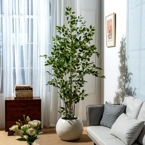 Bailikang Artificial Ficus Tree Indoor 7ft, Large Potted Faux Tree with Realistic Silk Leaves & Trunk for Home Office, Living Room Corner Decor - color: Green, size: 7ft