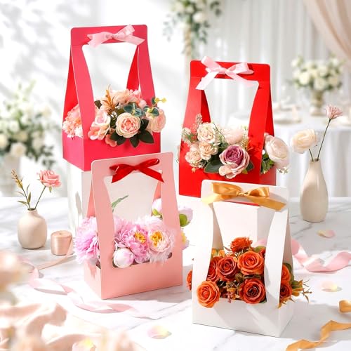 Teling 12 Pcs Mother's Day Flower Boxes for Arrangements Paper Multicolor Flower Gift Bag for Bouquet Portable Waterproof Floral Box with Handle for Wedding Floral Bar Mom Party Decor Florist Supplies - color: Red, Rose Red, Pink, White