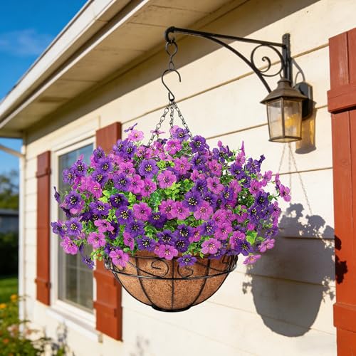 Artificial Fake Hanging Flowers Plants Basket Outdoors, Faux Silk UV Resistant Look Real Daisy Eucalyptus for Spring Summer Garden Porch Home Patio Balcony Yard Decorations, Double Purple - color: Double Purple