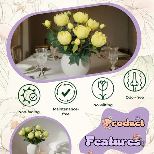 ucky 6PCS Yellow Peonies Artificial Flowers, Realistic 2 Heads Silk Peonies with Stems & Buds, 17.51" Faux Peony Bouquets for Wedding Centerpieces DIY Home Table Vase Decor - color: Yellow