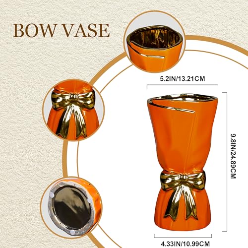 Orange Ceramic Vase for Pampas Grass, Bow Modern Vases Home Decor, 10 Inch Centerpiece Vase for Dining Table, Autumn, Kitchen Decor, Fireplace, Bathroom Decorations - color: Orange, size: 10 inch