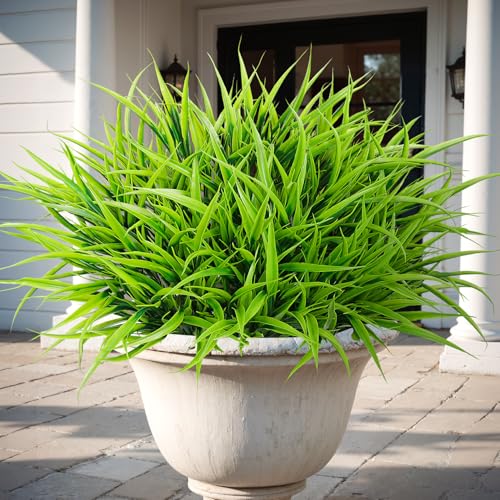 16 Pcs Artificial Plants Outdoor Fake Grass Faux Greenery Stems UV Resistant Plastic Plants Shrubs for Planters Patio Garden Front Porch Pathway Spring Summer Home Decor, Green - color: Green
