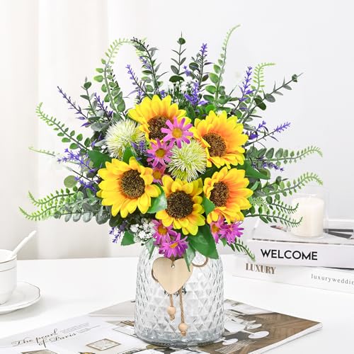 MARTINE MALL Fake Flowers in Vase, Sunflowers Artificial Flowers, Faux Flowers in Vase Centerpiece Table Decorations Silk Sunflower Bouquet Table Centerpieces for Dining Room Coffee Table Decor - color: Yellow Sunflower