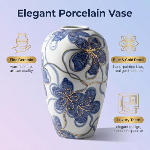 Blue and White Ceramic Vase for Home Decor – Hand-Painted Porcelain Flower Vase with Gold Accents – Chinoiserie-Inspired Home Decor Vases – 9" for Table, Shelf, or Mantel - size: 9"