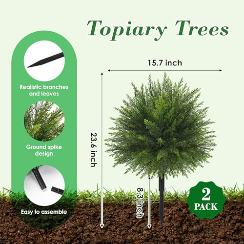 Der Rose Bundle of 23" Artificial Cedar Topiary Ball Trees and 4 Pack Small Fake Plants Spring for Front Porch Garden Decor