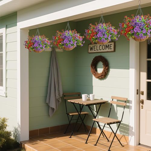 Artificial Hanging Flowers for Outdoors with Basket,UV Resistant Realistic Fake Hanging Flowers Faux Hanging Plants Outdoor for Yard Porch Patio Garden Home Decoration,12 Bundles(6,Red,Purple) - color: Purple+red