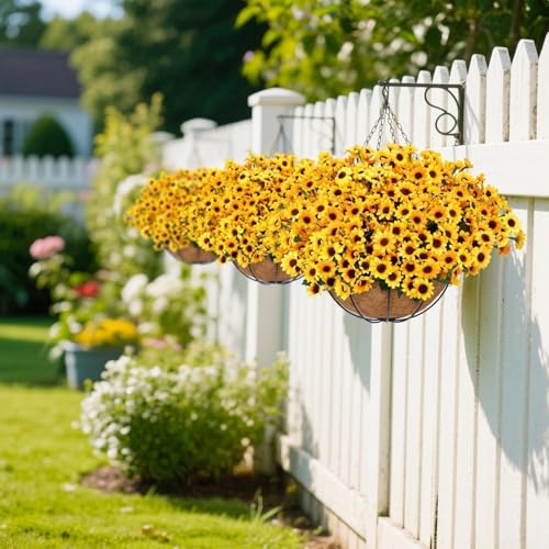 Zythrem Artificial Flowers Hanging Basket UV Resistant Faux Flower Hanging Baskets for Outside Large Silk Hanging Sunflower Decor Fake Mums for Front Porch Yard Gardeng Patio Summer - size: 13in