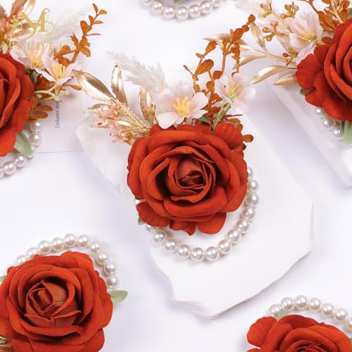 Burnt Orange Wrist Corsage and Boutonniere Set, Flower On Wrist for Bride Bridesmaid Wedding, Boutonniere for Men Groom Groomsman Wedding Accessories Prom Party Suit Decorations - color: Wrist Corsage and Boutonniere Set-orange