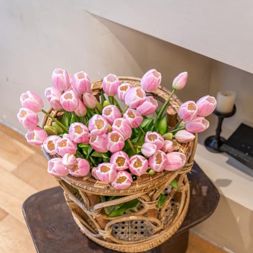Artificial Tulips Flowers,Soft Touch Latex Bouquet, Fake Tulips,Spring Wedding Home Room Table Centerpiece Decor - color: 60pcs Baby Pink Set(no Vase)