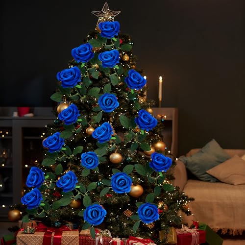 Sggvecsy 50 Pcs Artificial Roses Fake Flowers Velvet Silk Roses with Stems Bulk Realistic Faux Flowers for Bridal Bouquets Wedding Centerpieces Valentines Day DIY Home Party Decor (Blue) - color: Blue