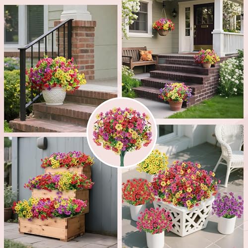 Der Rose 12 Bundles Artificial Flowers for Outdoors Fake Flowers Plants Spring Summer Decoration UV Resistant for Outside Home Porch Patio Garden Decor - color: Yellow / Red / Purple / Rose Red
