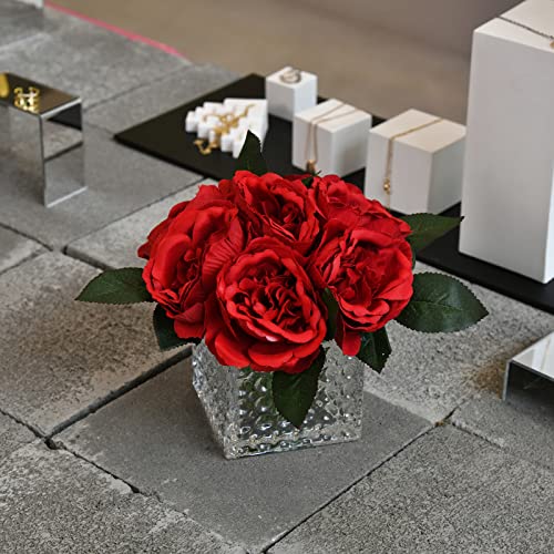 Artificial Peony Silk Flower Centerpieces Faux Floral Arrangement in Glass Vase for Home Wedding Table Decoration (Red) - color: A-red