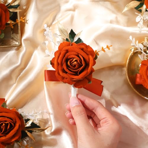 Sherr 12 Pcs Rose Boutonniere for Men Wedding Corsage Rose Groom and Groomsmen Boutonniere with Artificial Flower for Rustic Vintage Wedding Ceremony Anniversary Dinner Prom Party (Caramel Orange) - color: Caramel Orange