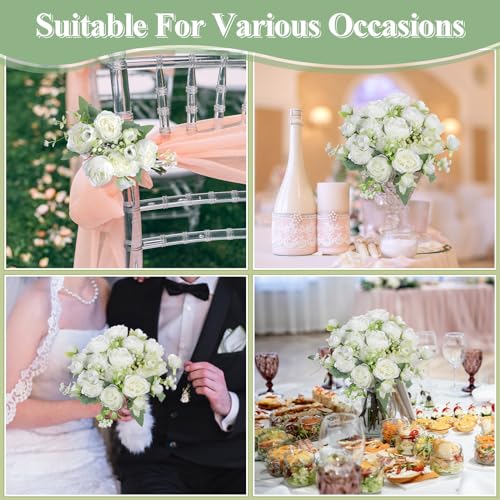 Crowye 4 Bundles Peonies Artificial Flowers Silk Faux Peonies Wedding Artificial Flower Bouquet for Table Centerpiece for Home Wedding Decor Bridal Floral Arrangement(White) - color: White