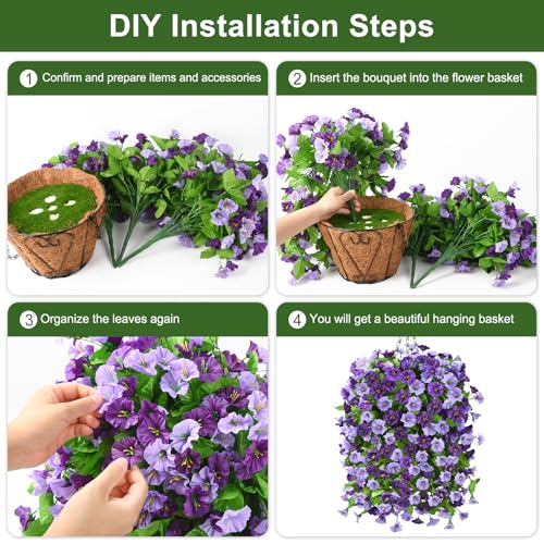 Homsunny Artificial Fake Hanging Flowers Plants Baskets for Outdoor Spring Summer Decorations,Faux Morning Glory Silk Flower for Outside UV Resistant Patio Yard Home Porch Decor(Purple) - color: Purple