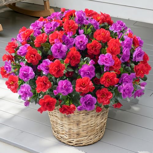 Artificial Faux Outdoor Flowers Plants for Spring Summer Decoration, Fake Silk Camellia UV Resistant Look Real for Planter Outside Front Door Porch Patio Balcony, 3 Large Bundles (Red+Fuchsia) - color: Red+fuchsia