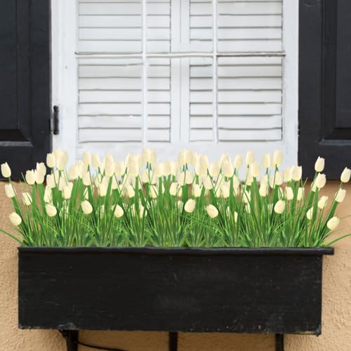 10 Bundles Artificial Tulips Flowers Outdoor,16.5 inch UV Resistant Fake Tulips Real Touch Flowers,Faux Tulips Realistic Flowers for Home Garden Outside Wedding Decor (White) - color: White