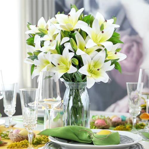 XunYee 16 Pcs Artificial Tiger Lily Flowers Lifelike Touch Lily Latex Lilies Flowers Artificial Bouquet Faux Latex with Rods for Summer Home Decoration Birthday(White and Green) - color: White and Green