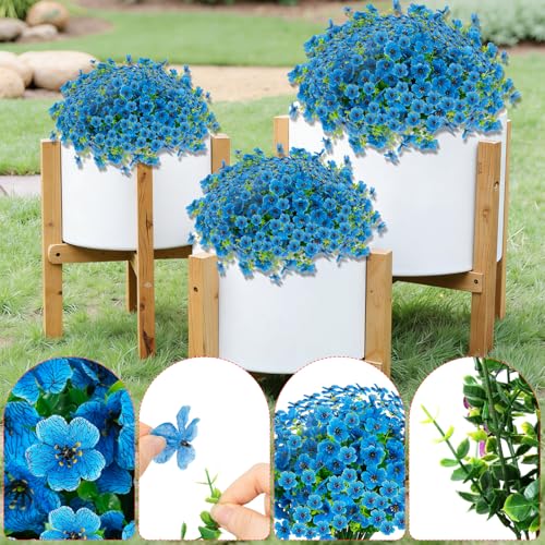 12 Bundles Artificial Flowers for Outdoor Fake Plastic Flowers Faux Plants for Decoration Hanging Planters Indoor Outside Garden Porch (Blue) - color: Blue-12 Bundles