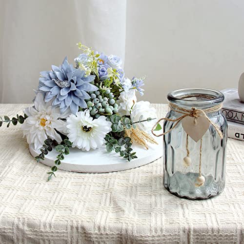 Fake Flowers with Vase, Silk Dusty Blue Rose Hydrangea Artificial Flowers in Vase Faux Dahlia Flowers Arrangement for Home Kitchen Living Room Summer Spring Decor Office Centerpiece Table Decorations - color: Sky Blue