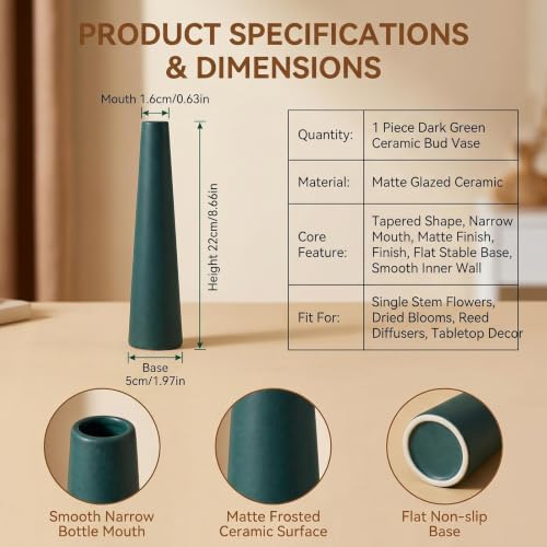 Ceramic Bud Vase, Tall Conic Single Stem Flower Holder, Minimalist Vase for Home Wedding Office Decor (Ink Green) - color: Green