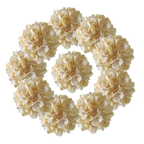 7.1''Champagne Hydrangea Artificial Flowers,10 Pcs Artificial Silk Hydrangea Heads,81 Petals Faux Hydrangea Flowers Heads with Stems for Home Wedding Baby Shower Decor(Champagne) - color: Champagne
