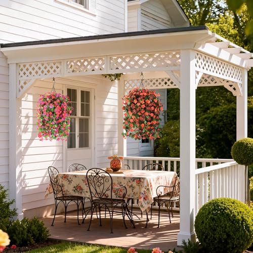 Artificial Fake Hanging Flowers for Outdoors, 2 Pcs Artificial Hanging Plants Outdoors Spring Summer Decor, UV Resistant Faux Violet Silk Flowers for Planters Front Door Yard Garden(Orange Brown) - color: Orange Brown