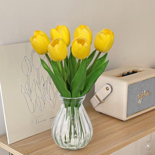 Oairse Artificial Tulips Flowers in Glass Vase - 6 Pcs Faux Flowers in Vase with Faux Water 12.5" Fake Tulips Bouquet Floral Arrangement Centerpiece for Dining Table Home Wedding Office Decor, Yellow - color: Yellow