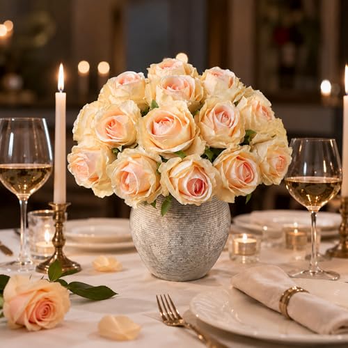 Ivydale 18pcs Champagne Roses Artificial Flowers, Fake Roses Silk Flowers with Stems Realistic Bouquet for Wedding Party Mother's Day DIY Centerpiece Floral Romantic Gifts - color: Rose-champagne