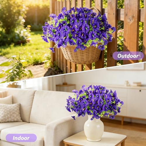 BSGlobal 12 Bundles Artificial Flowers for Outdoors Decoration, Faux Silk Morning Glory Flowers UV Resistant Fake Eucalyptus Plants for Spring Summer Garden Patio Home Decor (Purple) - color: Purple