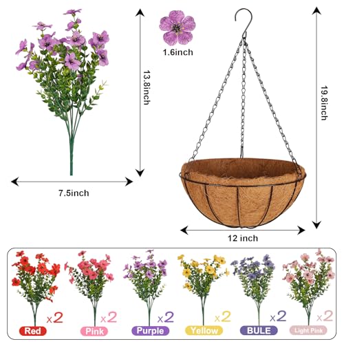 Artificial Outdoors Flowers with Hanging Basket, UV Resistant Fake Hanging Flowers, Faux Silk Plants with Planters for Porch Home Patio Balcony Yard (Rose Red, Red, Purple, Yellow, Pink, Blue) - color: 6 Multicolor, size: 1PCS