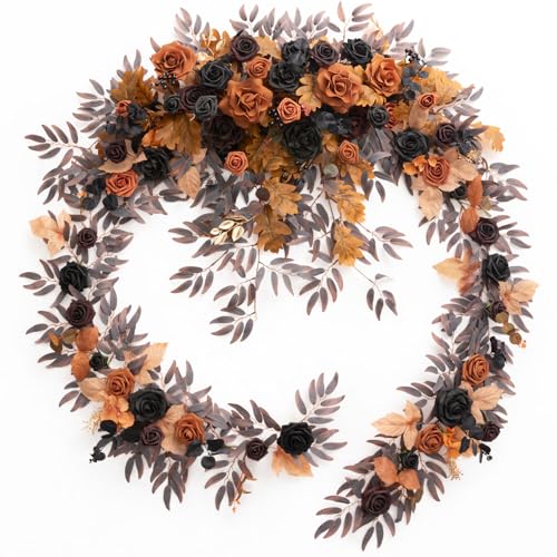 Ling's moment 9FT Eucalyptus and Willow Leaf Flower Garland, Handcrafted Wedding Sweetheart Table Centerpieces, Head Table Decor, Arch Backdrop Decorations for Wedding | Halloween Black & Orange - color: Or-halloween Black & Orange