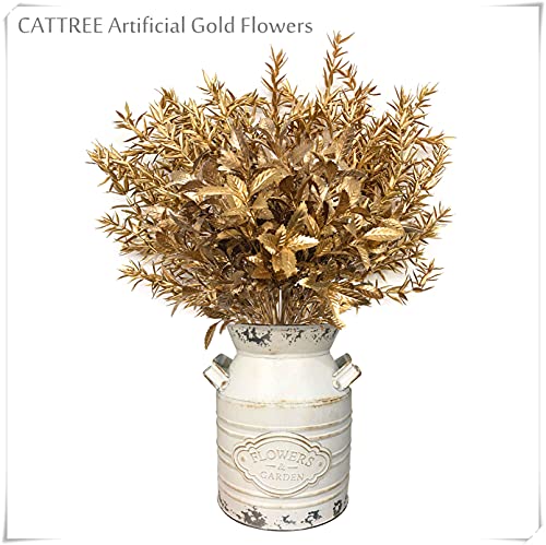 CATTREE Artificial Gold Plants for Christmas, Golden Leaves Plant Plastic Faux Shrubs Fake Simulation Spiky Grass Bushes for Indoor Outdoor Wedding Decoration Hall Table Planter Filler 4 Pack - color: Gold Leaves Grass-2 Pcs & Gold Spiky Grass-2 Pcs