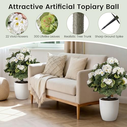 Goplus Artificial Begonia Ball Trees Set of 2, 22.5” Fake Evergreen Shrubs with Ground Spikes, 300 Leaves, 22 Flowers, Sun-Proof Indoor & Outdoor Silk Floral Topiary Plants for Home Garden Decoration - color: Begonia