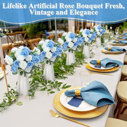 Zeyune 8 Pack Artificial Mini Blue and White Roses, 12 Inch Fake Flowers with Stems, 80 Small 1.6 Inch Flower Heads, Silk Mini Rose Bouquets for Wedding Centerpieces, Bridal Bouquets, Home Party Decor - color: Blue and White
