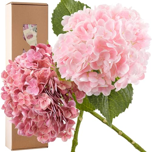 FiveSeasonStuff Real Touch Silk Hydrangea Flowers, 2 Large Long Stem Artificial Flowers for Floral Arrangements (Double Pink) - color: Double Pink (2 Stems)