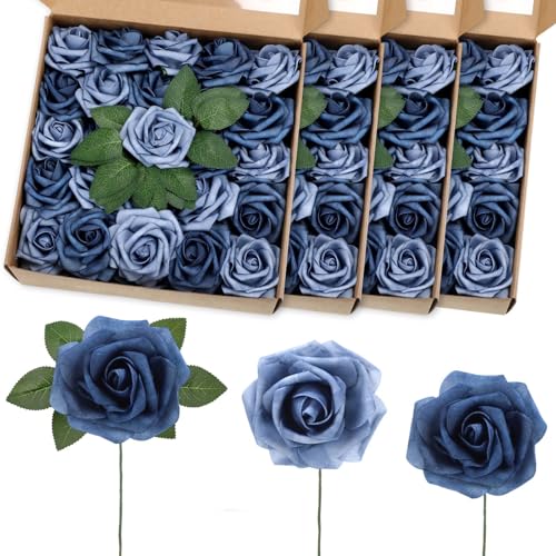 100 Pcs Artificial Foam Rose Flower Faux Bouquet Wedding Fake Rose Gift for Mother's Day Women DIY Bridal Shower Party Table Birthday Home Spring Decor (Dusty Blue Shades) - color: Dusty Blue Shades