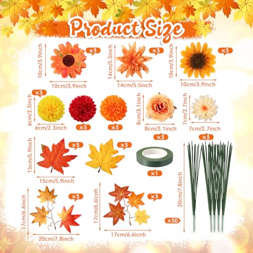 Giegxin 87 Pcs Artificial Thanksgiving Flowers Bouquets Fall Chrysanthemums Ball Flowers Maple Leaf Sunflower Head Accessories for Thanksgiving DIY Wreath Floral Arrangements Table Centerpiece Decor - style: Chrysanthemum