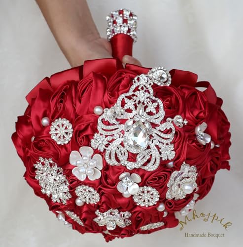 Bridal Wedding Bouquet Round Bling Brooch Bouquet Artificial Rose Flower Bunch for Bride Bridesmaid Wedding Quinceanera(Ruby Red, 9.8") - color: Ruby Red*, size: Large (Dia. 9.8"/25cm)