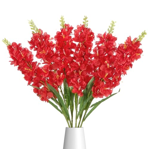 IPOPU 6PCS Delphinium Artificial Flowers 39" Realistic Faux Hyacinth Long Stem Delphinium Silk Flowers for Tall Vase Filling Wedding Centerpieces Home Decor (Red) - color: Red