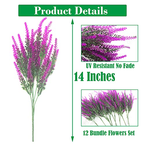 Grunyia 12 Bundles Artificial Lavender Flowers Outdoor UV Resistant Fake Flowers Faux Plastic Plants Garden Porch Window Box Decorating (Purple)