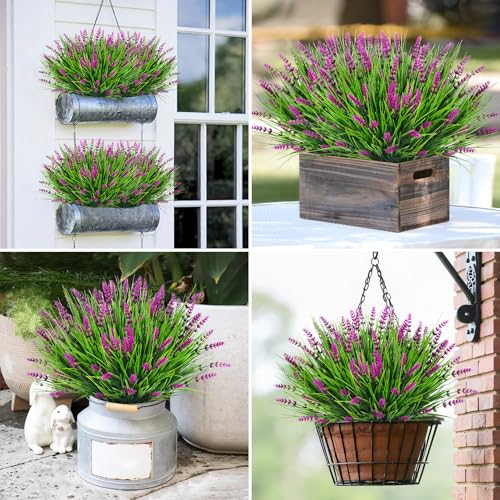 Bassion Artificial Flowers for Outdoors, 24 Bundles Fake Lavender Flowers UV Resistant Fuchsia Plastic Plants Faux Monkey Grass for Home Porch Garden Window Box Indoor Outdoor Decorations - color: Fuchsia, size: 24 Bundles